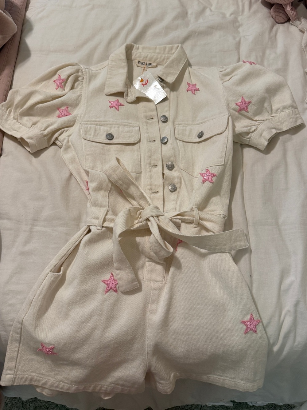 Cream Star-Embroidered Romper- Pink Stars